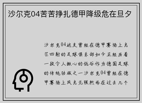 沙尔克04苦苦挣扎德甲降级危在旦夕